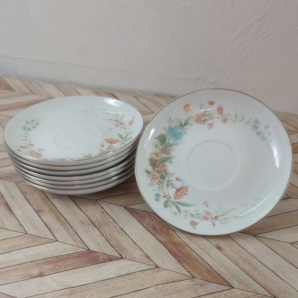 Premiere Fine China Silver Tone Trim Saucer Plates BERKSHIRE Floral Set Of 8 - Picture 1 of 10
